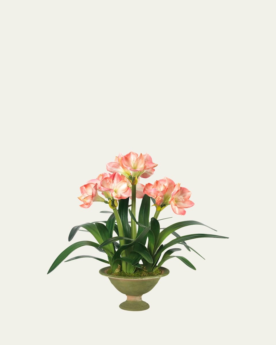 Pink and White Amaryllis 27" Faux Floral Arrangement in Mossy Terracotta Compote
